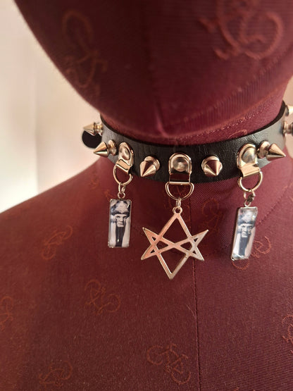Spiked Black Faux Leather Collar, Aleister Crowley inspired "Unicursal Hexagram" 2 : Goth Witchy Occult