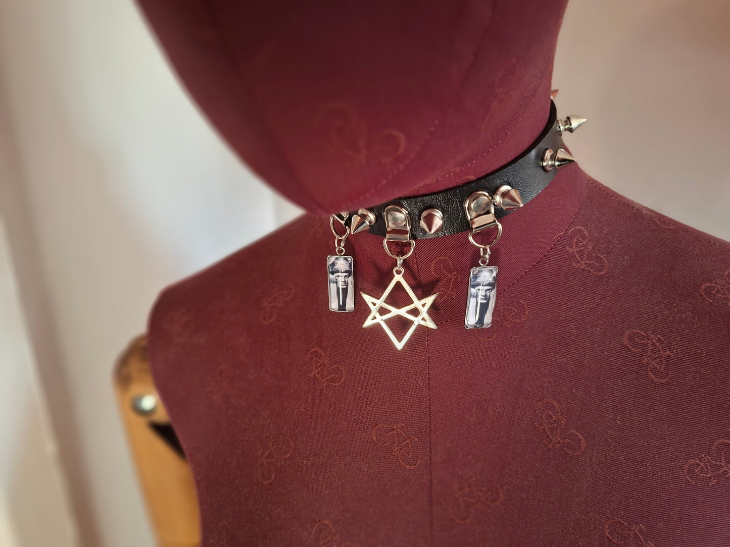 Spiked Black Faux Leather Collar, Aleister Crowley inspired "Unicursal Hexagram" 2 : Goth Witchy Occult