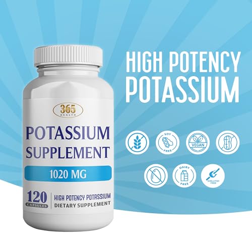365 Health Potassium Supplement 1020 mg | Potassium Bicarbonate | Non-GMO, Gluten Free | Made in USA | 120 Vegetarian Capsules (2-Pack)