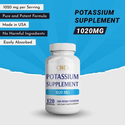 365 Health Potassium Supplement 1020 mg | Potassium Bicarbonate | Non-GMO, Gluten Free | Made in USA | 120 Vegetarian Capsules (2-Pack)