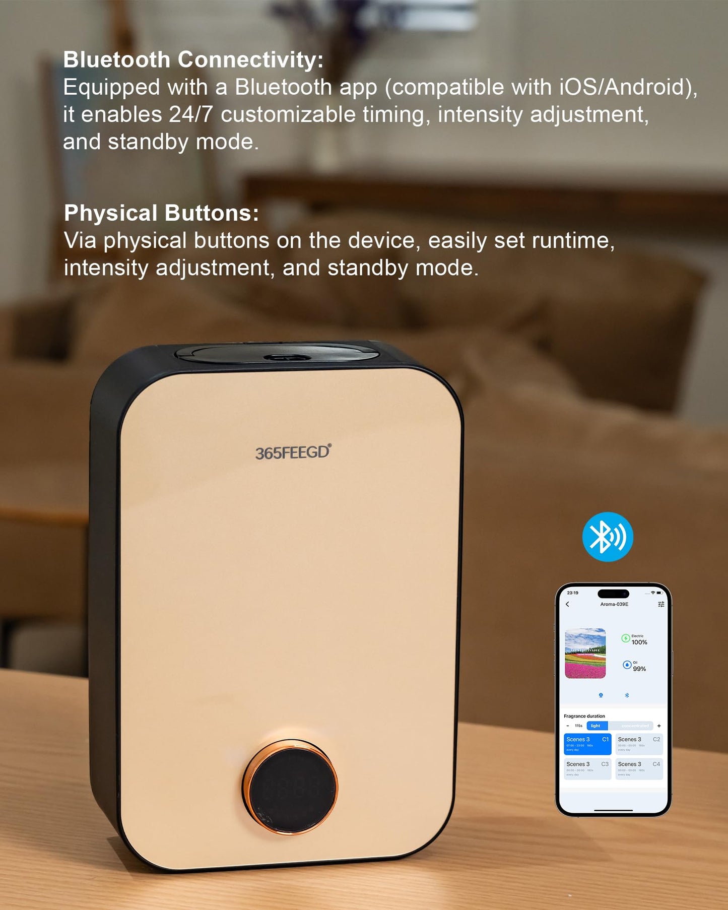 365FEEGD Home Diffuser 150ml – Bluetooth Control, 24/7 Customizable Settings (Black Gold)