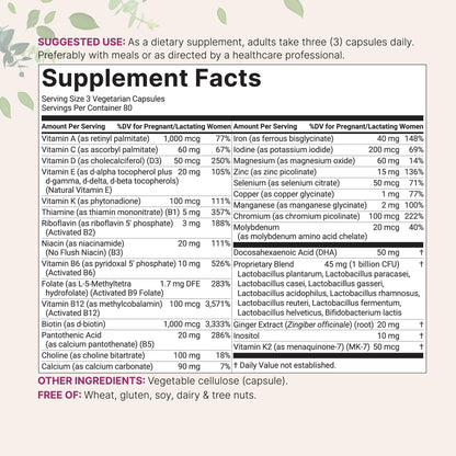 Pure Methylated Prenatal Vitamins for Women — 240 Veggie Capsules | 38 Vital Nutrients with DHA, Choline, Probiotics, Ginger, Inositol, & Methylfolate + Iron | No Fillers