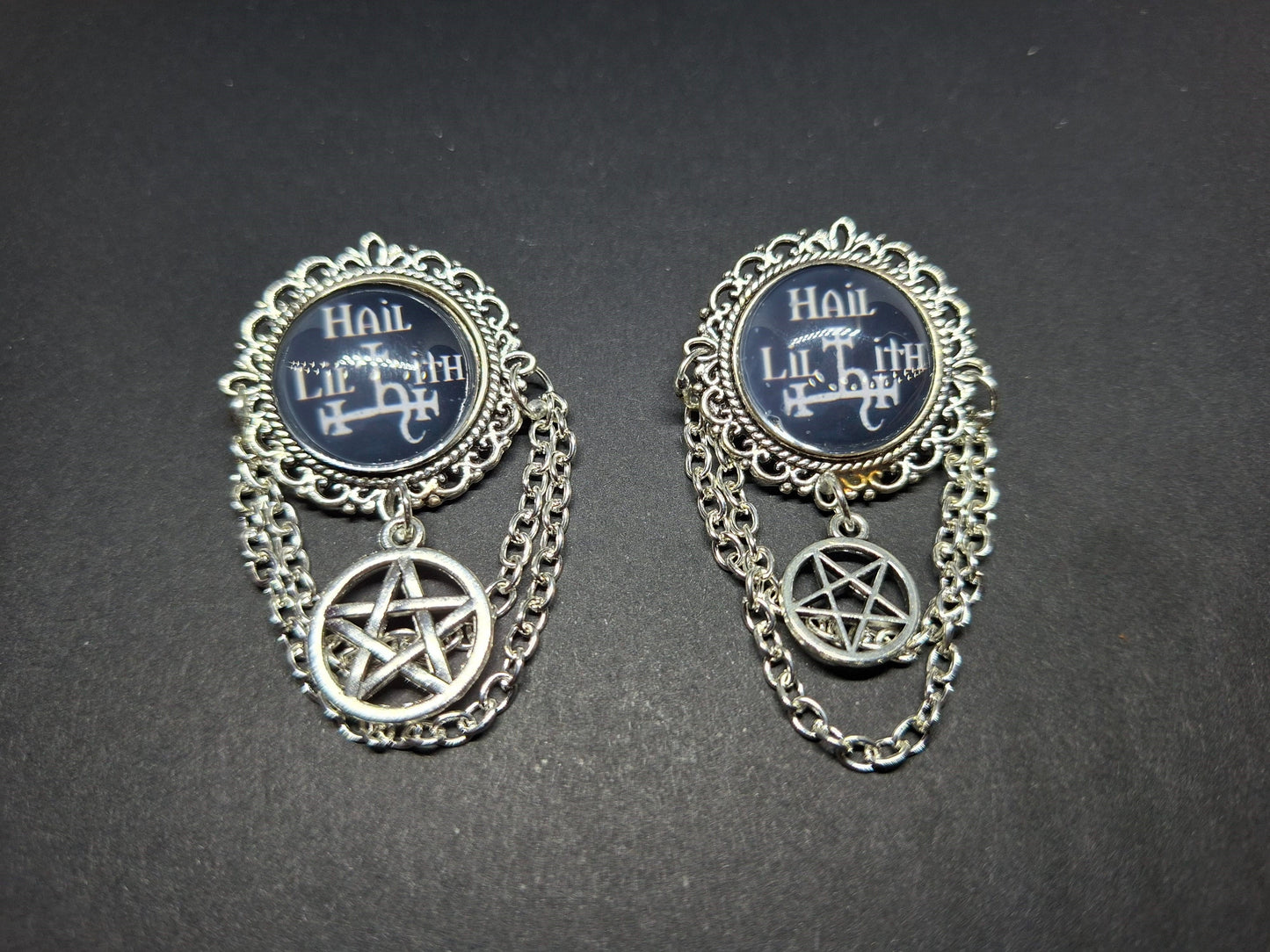Ornate brooch/pin "Hail Lilith " with choice of Pentergram :goth witchy killstar