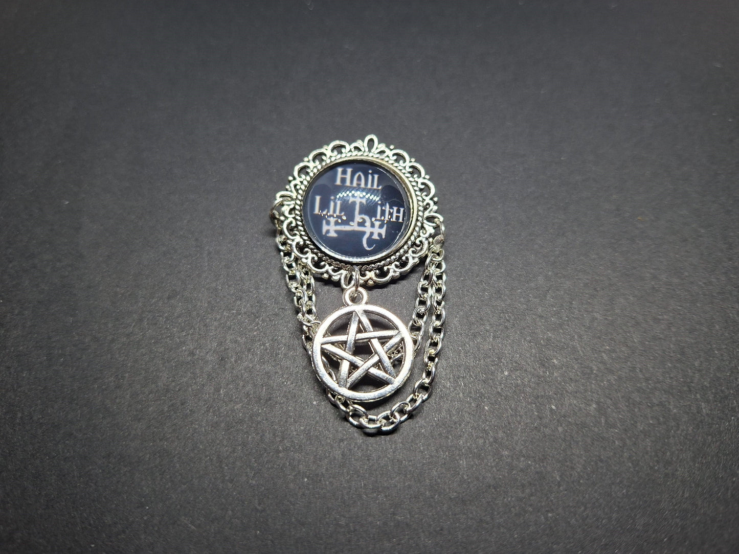 Ornate brooch/pin "Hail Lilith " with choice of Pentergram :goth witchy killstar