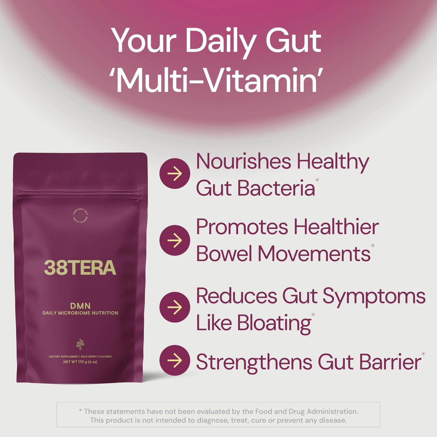 38TERA DMN Daily Microbiome Nutrition | Plant-Based Fiber Powder with 3 Prebiotics, Low FODMAP, Vegan, Wild Berry