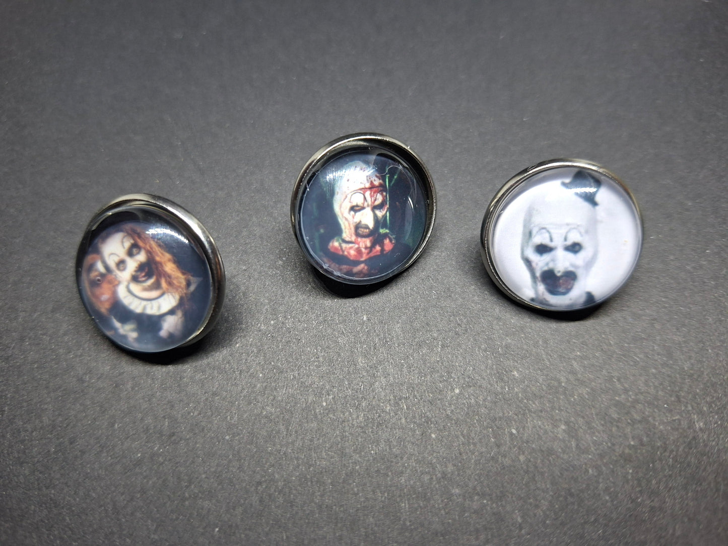 Set of 3 Pin badges inspired by "Art" the clown from Terrifier
