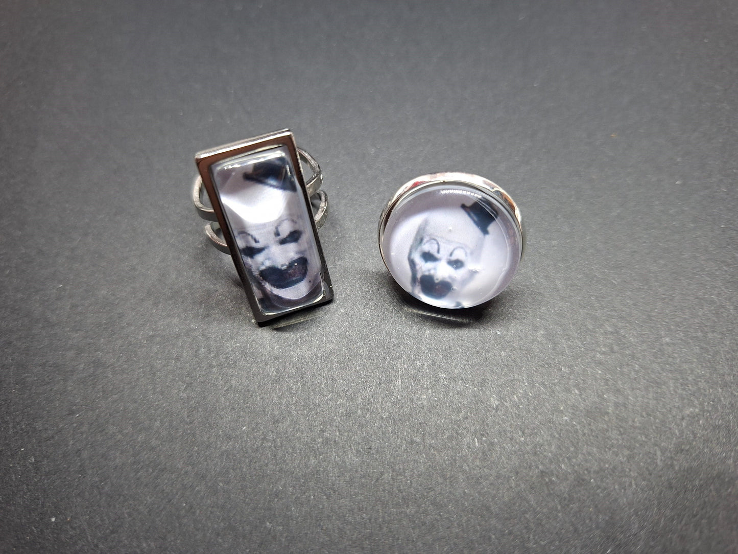 Round & Rectangle adjustable Rings inspired by "Art" the clown from Terrifier