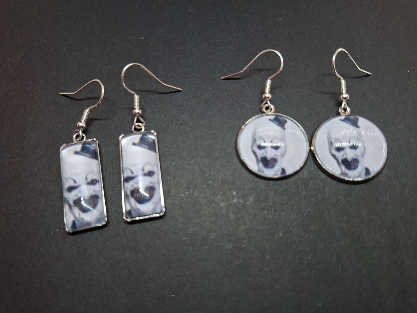Round & Rectangle image earrings inspired by "Art" the clown from Terrifier