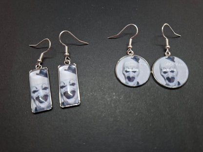 Round & Rectangle image earrings inspired by "Art" the clown from Terrifier
