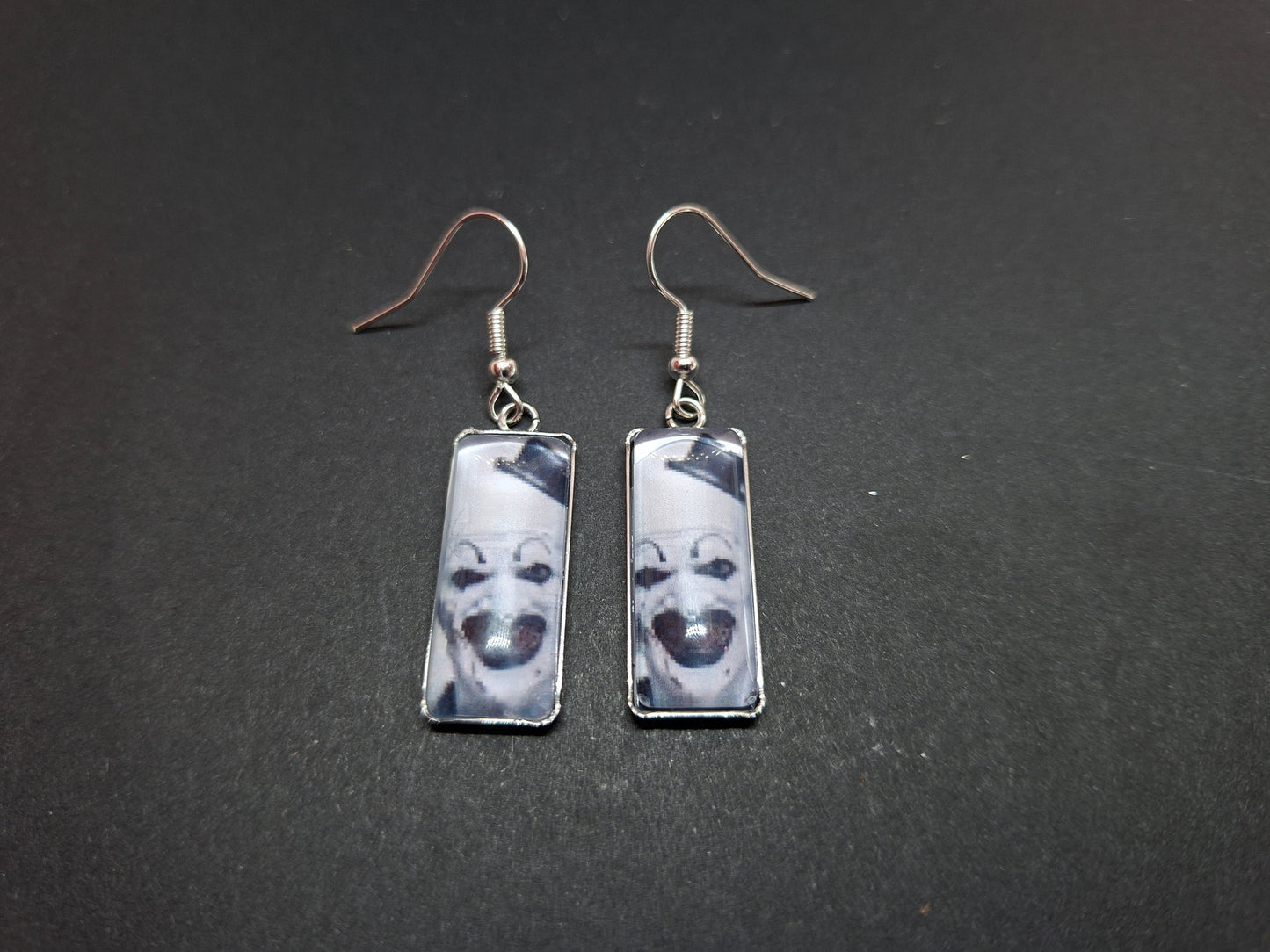 Round & Rectangle image earrings inspired by "Art" the clown from Terrifier