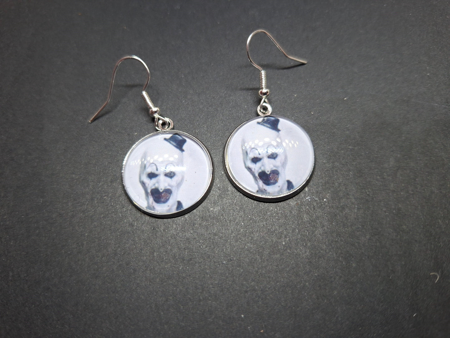 Round & Rectangle image earrings inspired by "Art" the clown from Terrifier