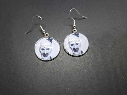 Round & Rectangle image earrings inspired by "Art" the clown from Terrifier