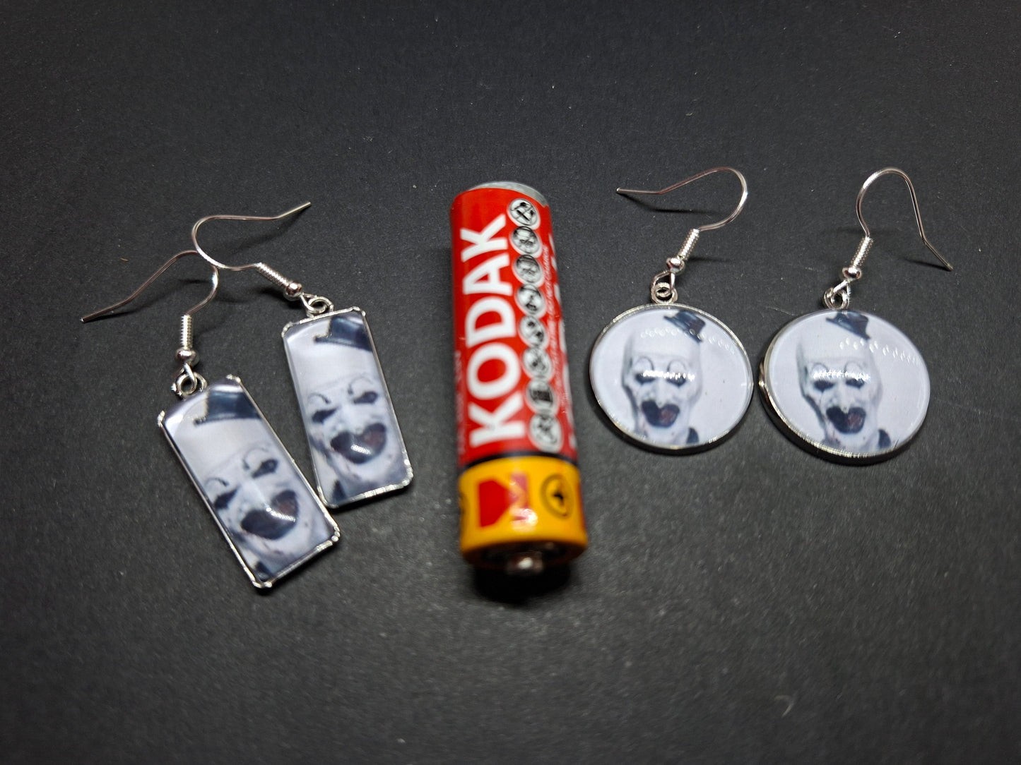 Round & Rectangle image earrings inspired by "Art" the clown from Terrifier