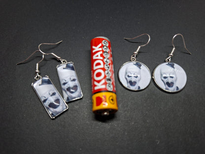 Round & Rectangle image earrings inspired by "Art" the clown from Terrifier