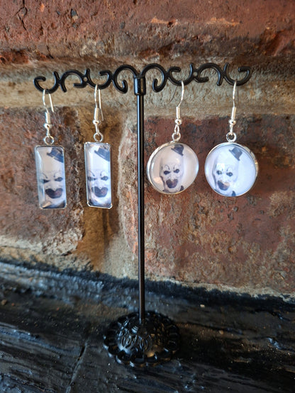 Round & Rectangle image earrings inspired by "Art" the clown from Terrifier