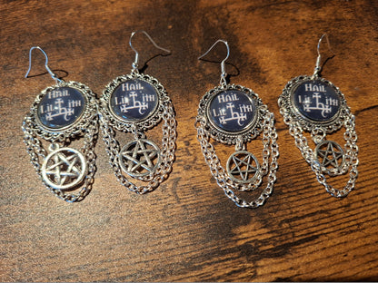 Deluxe Earrings "Hail Lilith" with chains and choice of pentagram : goth witchy occult witch