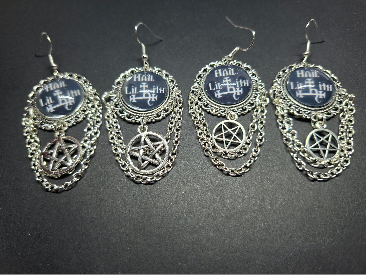 Deluxe Earrings "Hail Lilith" with chains and choice of pentagram : goth witchy occult witch