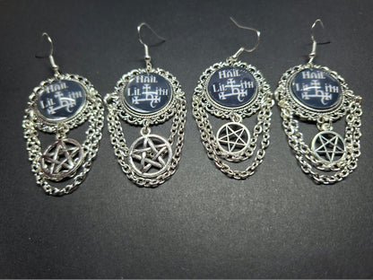 Deluxe Earrings "Hail Lilith" with chains and choice of pentagram : goth witchy occult witch
