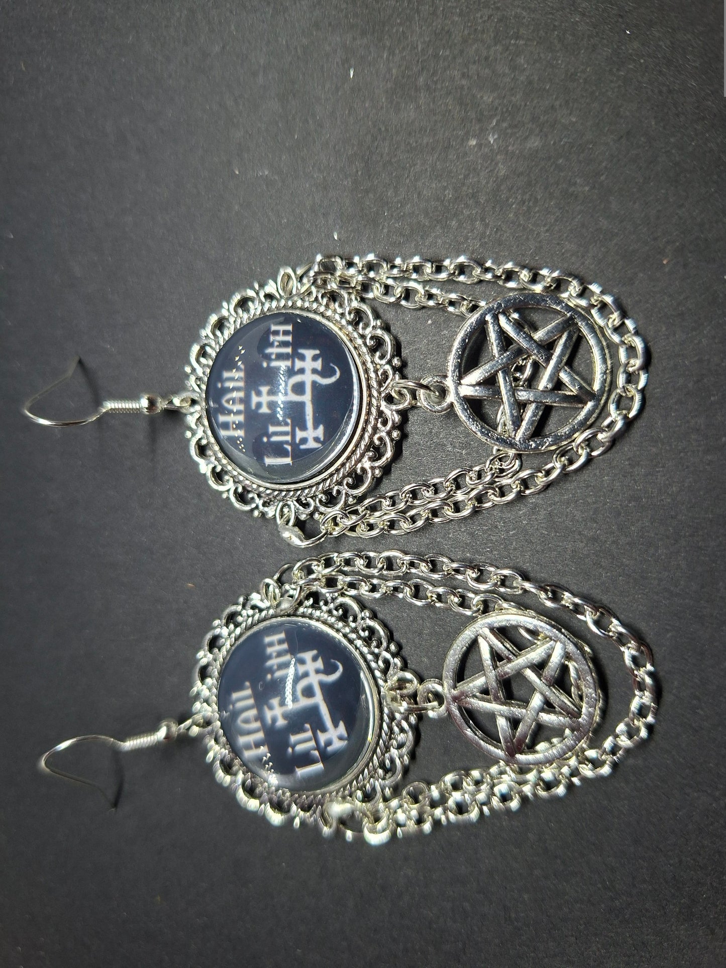 Deluxe Earrings "Hail Lilith" with chains and choice of pentagram : goth witchy occult witch