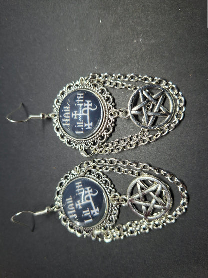 Deluxe Earrings "Hail Lilith" with chains and choice of pentagram : goth witchy occult witch