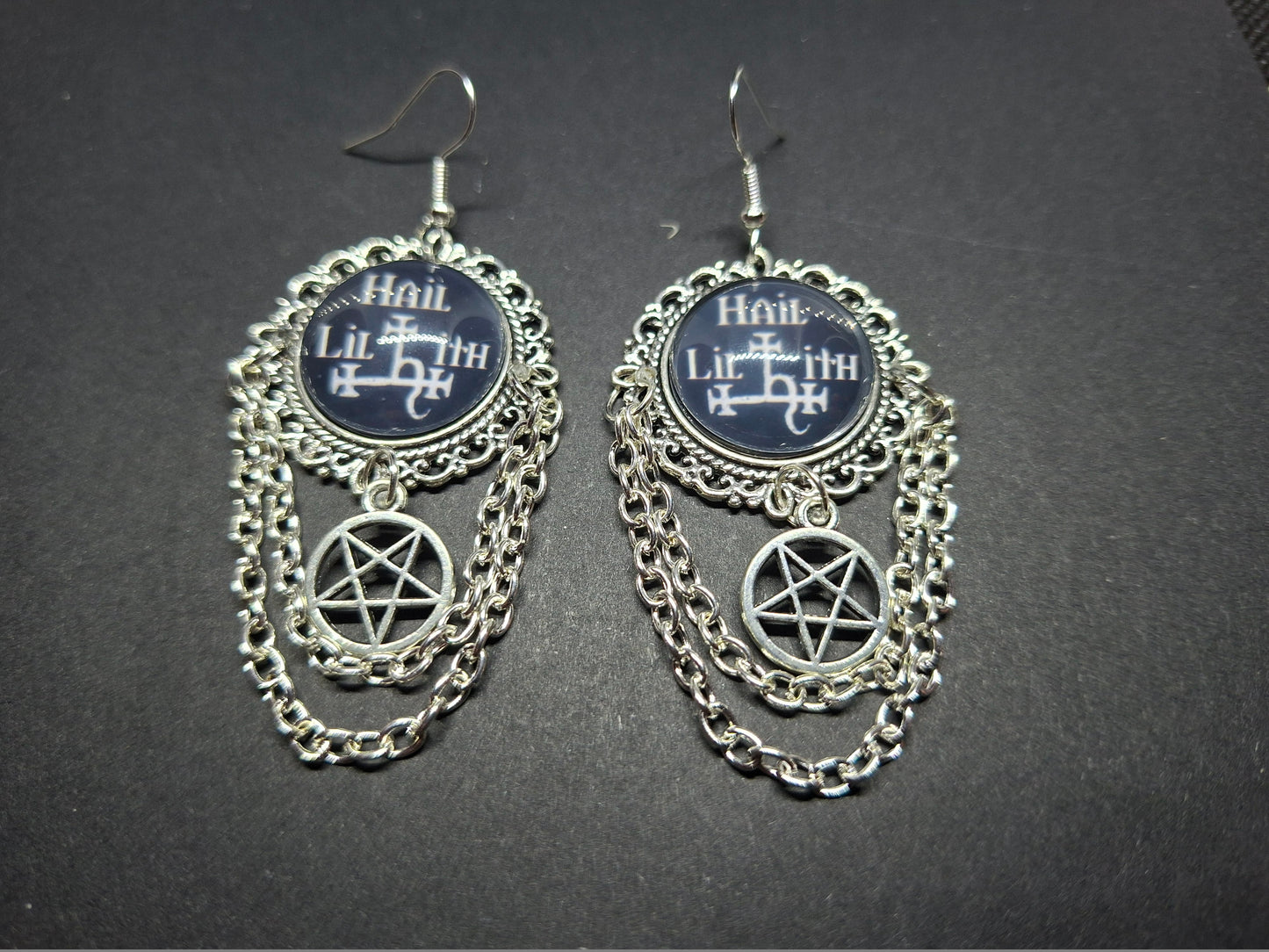 Deluxe Earrings "Hail Lilith" with chains and choice of pentagram : goth witchy occult witch