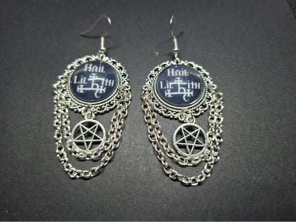 Deluxe Earrings "Hail Lilith" with chains and choice of pentagram : goth witchy occult witch