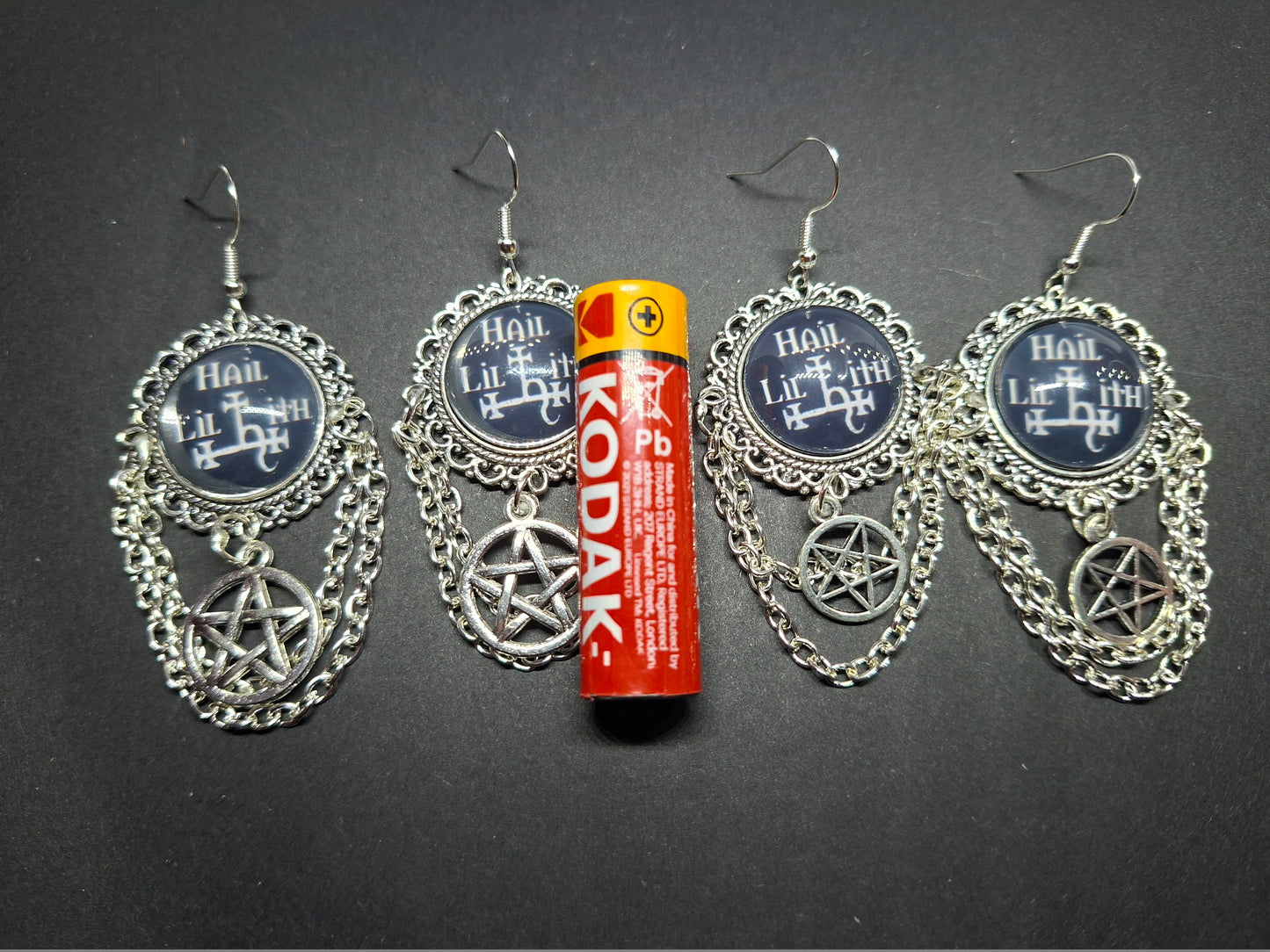 Deluxe Earrings "Hail Lilith" with chains and choice of pentagram : goth witchy occult witch