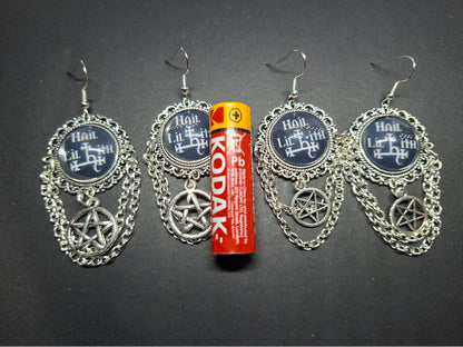 Deluxe Earrings "Hail Lilith" with chains and choice of pentagram : goth witchy occult witch