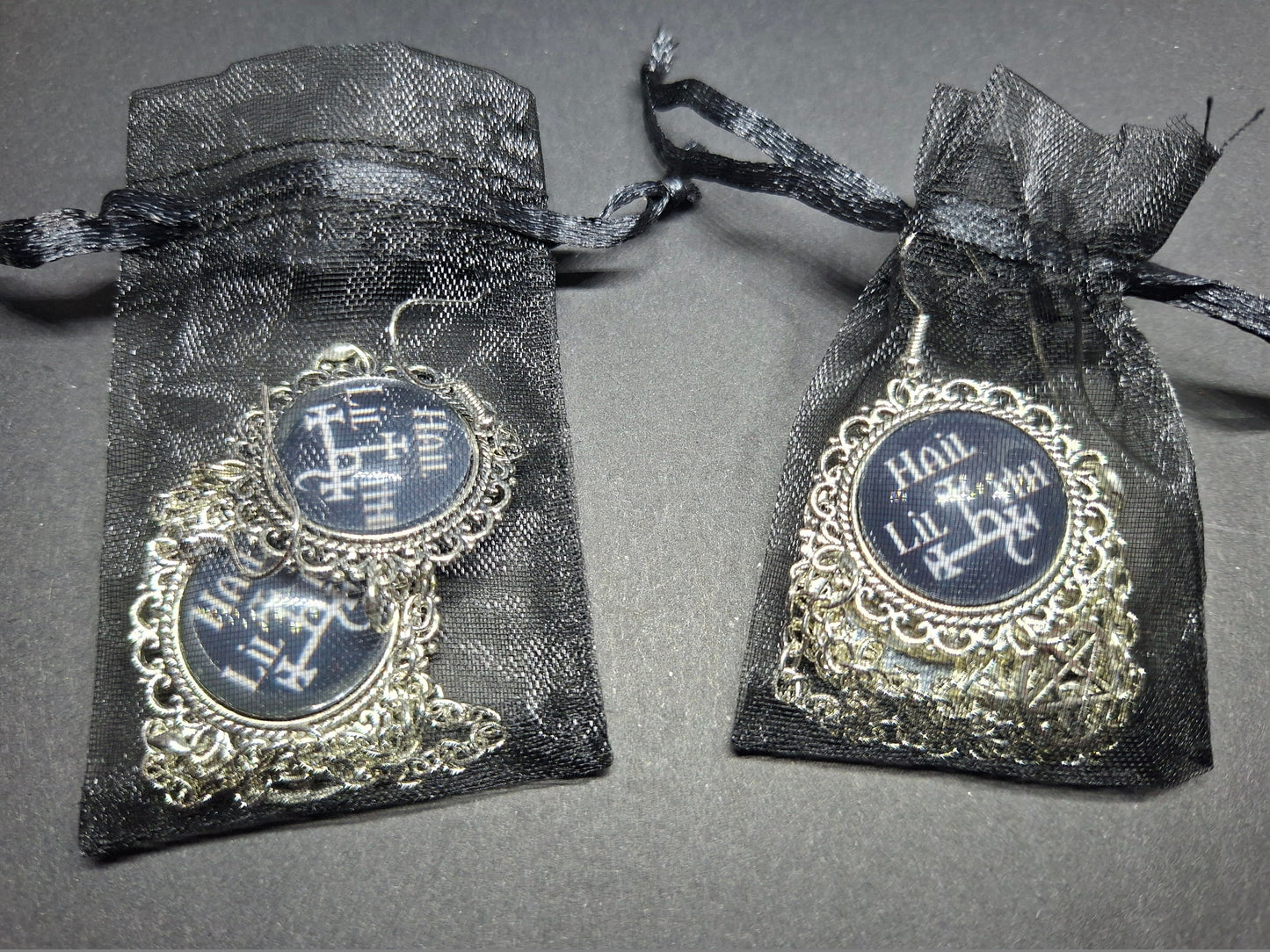 Deluxe Earrings "Hail Lilith" with chains and choice of pentagram : goth witchy occult witch