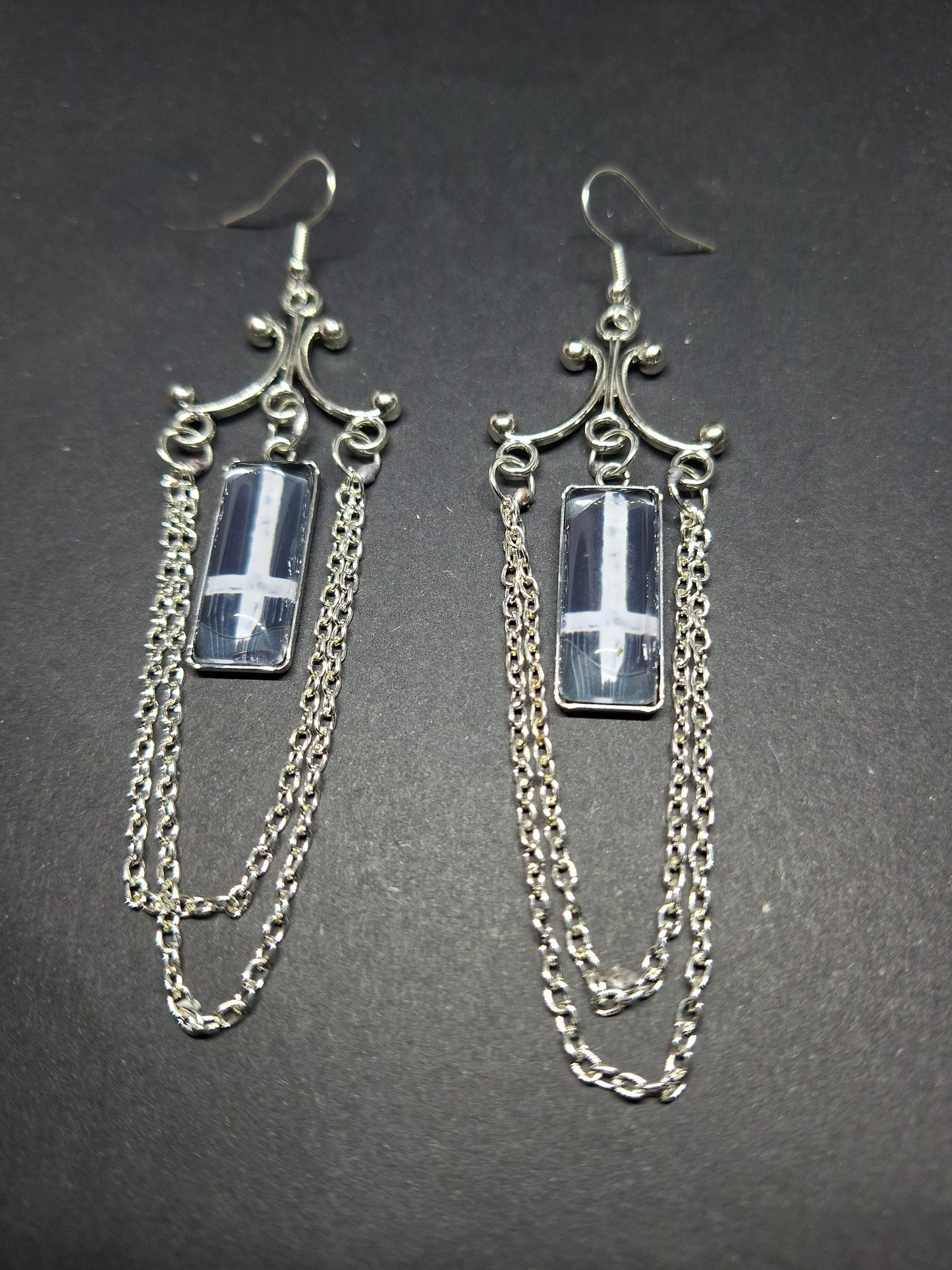 Chandelier earrings" inverted cross image with chains" :Satanic witchy witchcraft goth ritual jewelry
