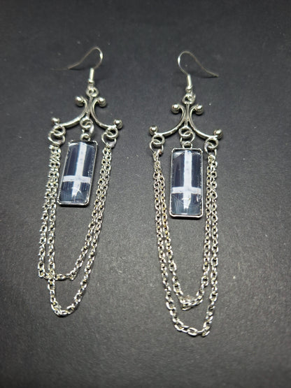 Chandelier earrings" inverted cross image with chains" :Satanic witchy witchcraft goth ritual jewelry