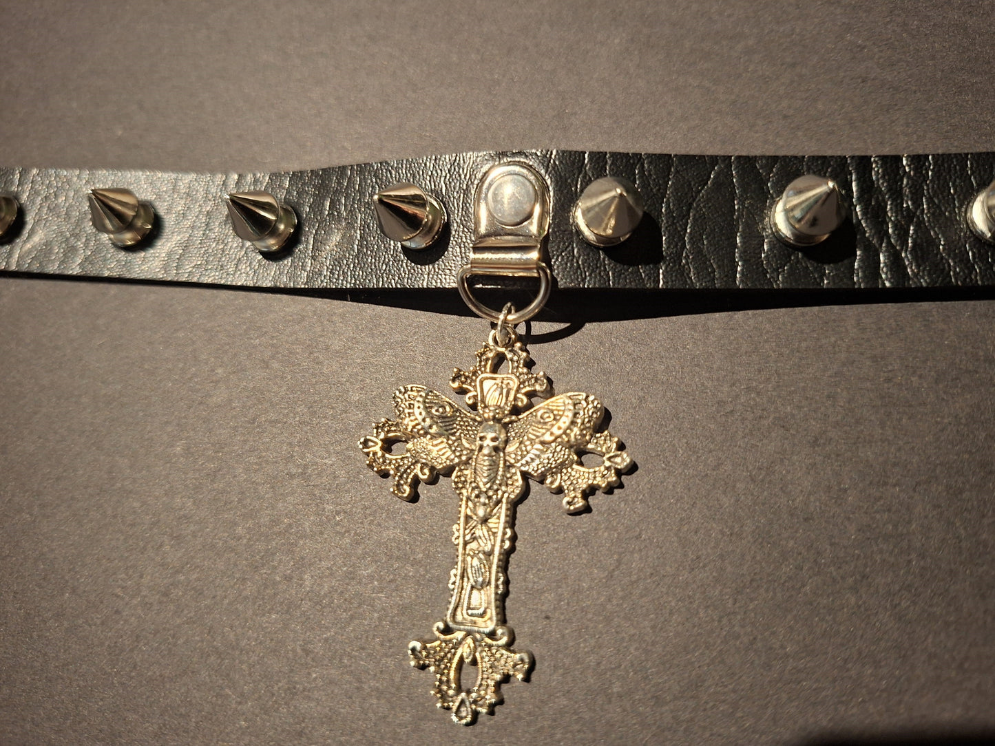 Black Spiked Faux Leather Collar, Ornate Cross with Death Head Moth : Goth Witchy Killstar