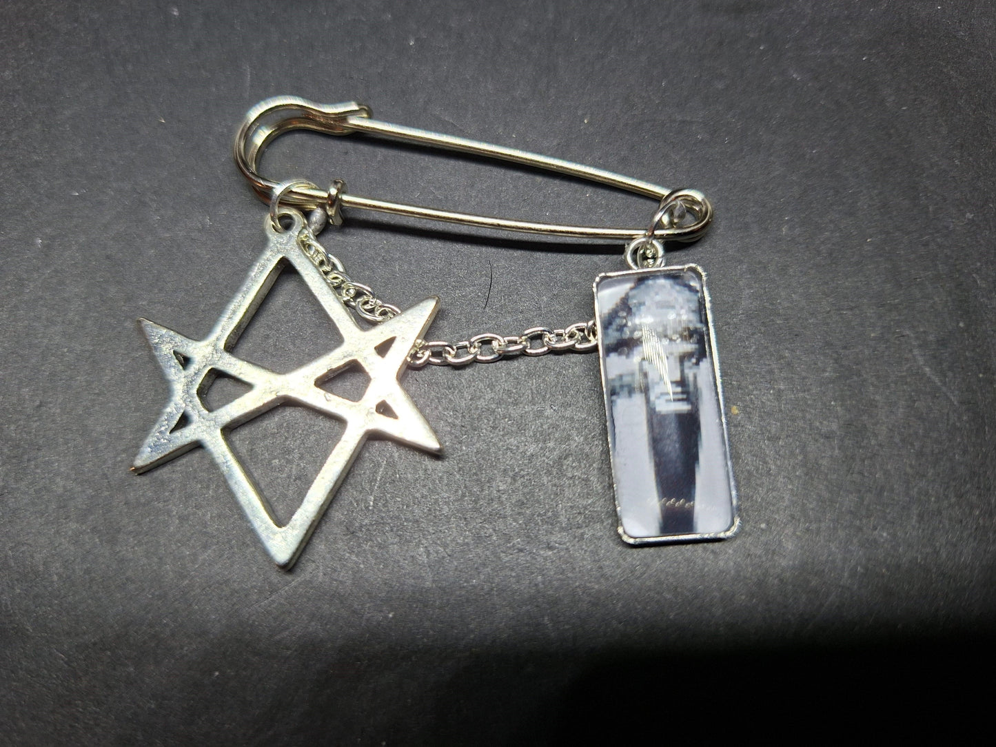 Goth Gothic Witchy Witch satanic occult Aleister Crowley Thelema "Unicursal hexagram" kilt pin brooch