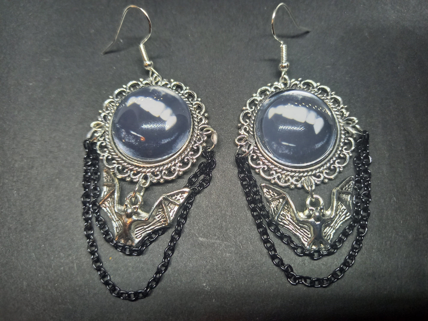Goth Gothic Witchy Killstar Vampire " FANGS" deluxe ornate earrings with bat charm And chains