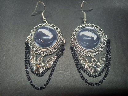 Goth Gothic Witchy Killstar Vampire " FANGS" deluxe ornate earrings with bat charm And chains