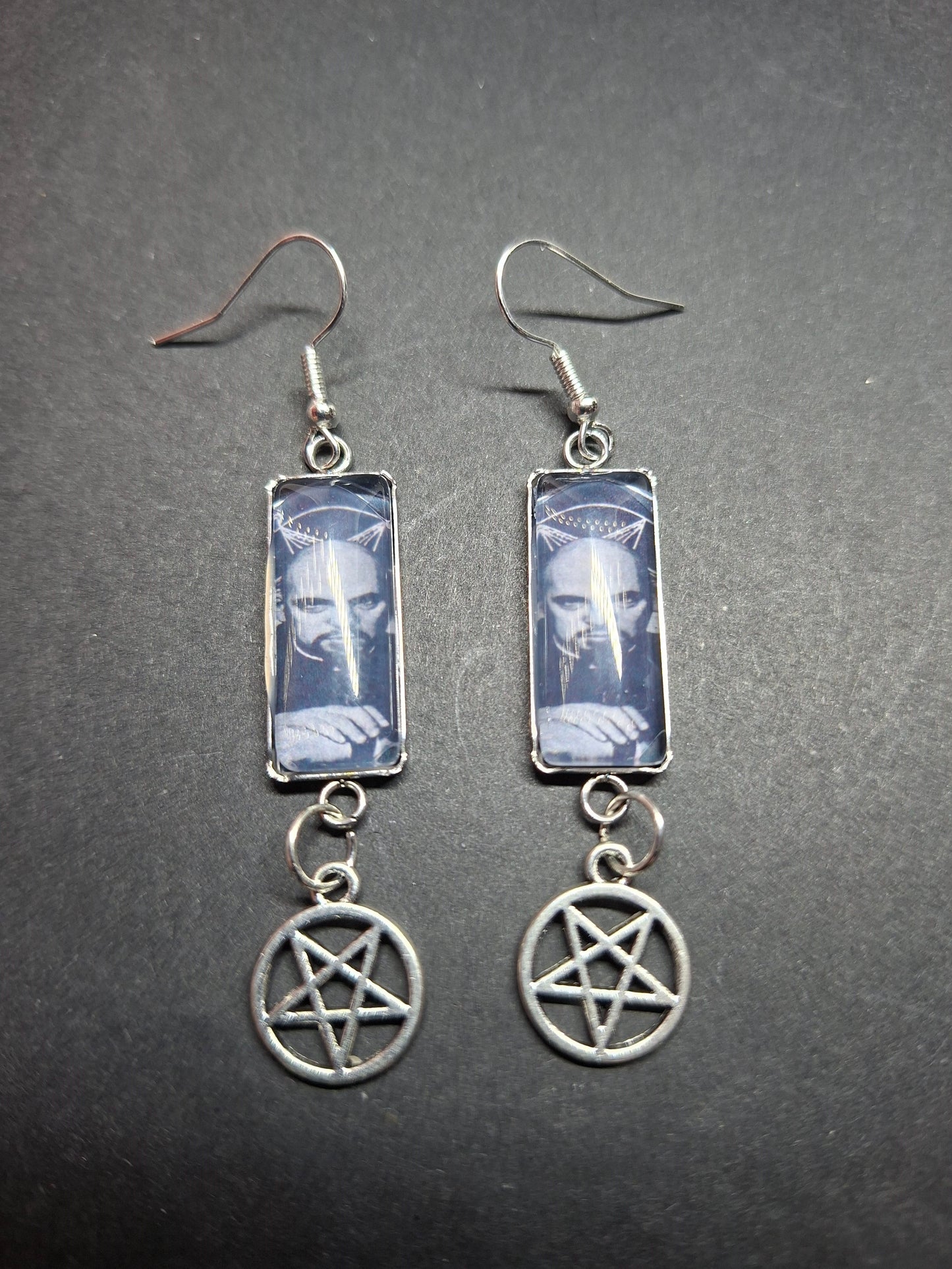 Stainless Steel rectangle image earrings, Satanic Anton LaVey inspired with inverted pentagram