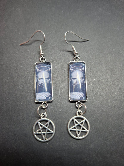 Stainless Steel rectangle image earrings, Satanic Anton LaVey inspired with inverted pentagram