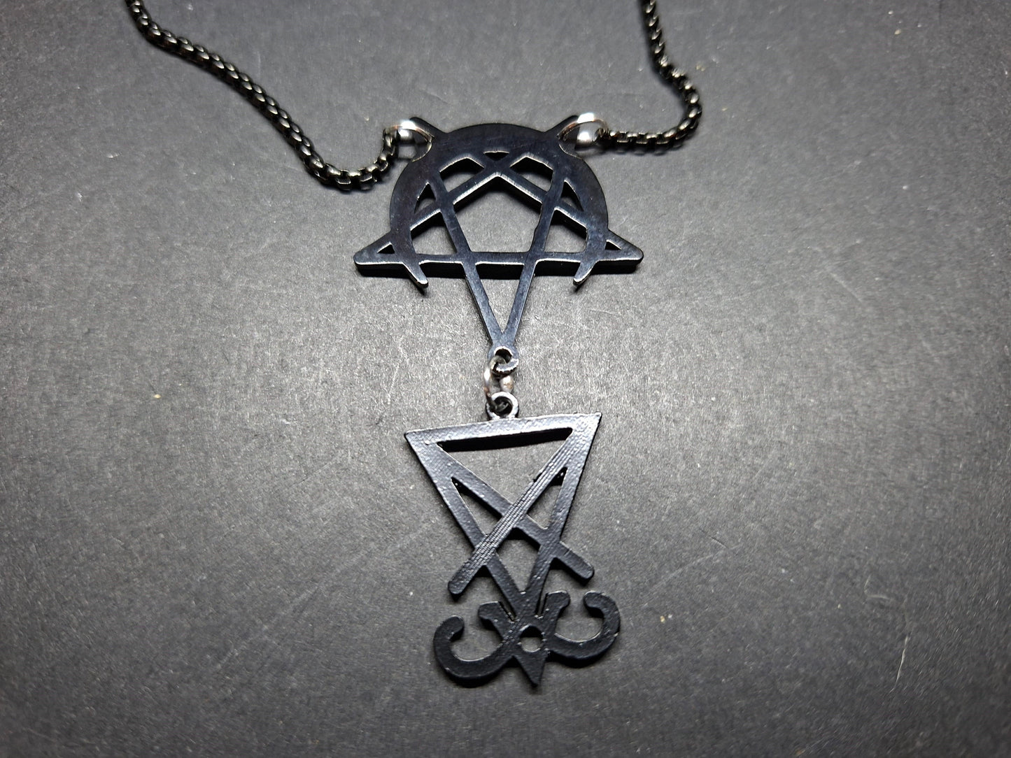 Sigil of Satan, inverted pentagram in crescent moon Black Stainless Steel necklace ,witchy Occult satanic