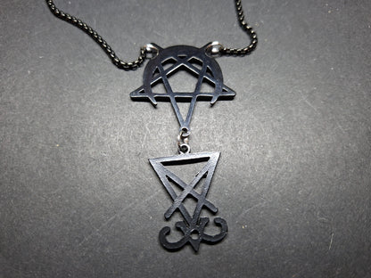 Sigil of Satan, inverted pentagram in crescent moon Black Stainless Steel necklace ,witchy Occult satanic