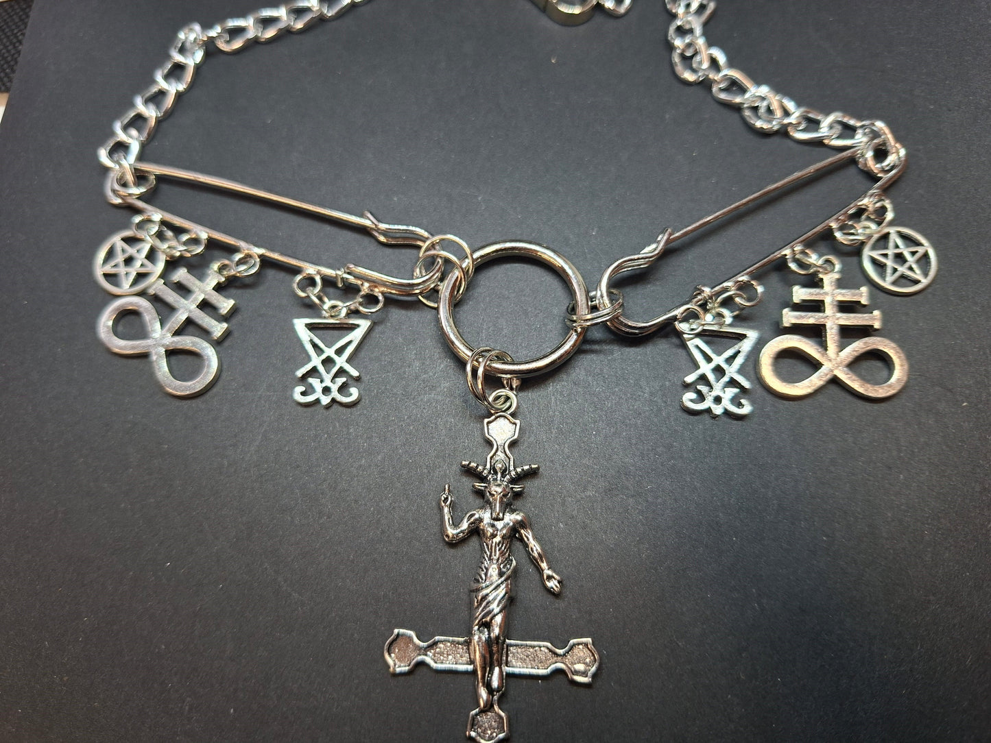 Kilt pin necklace ,Baphomet cross,satanic trinity :Gothic witchy satanic aesthetic