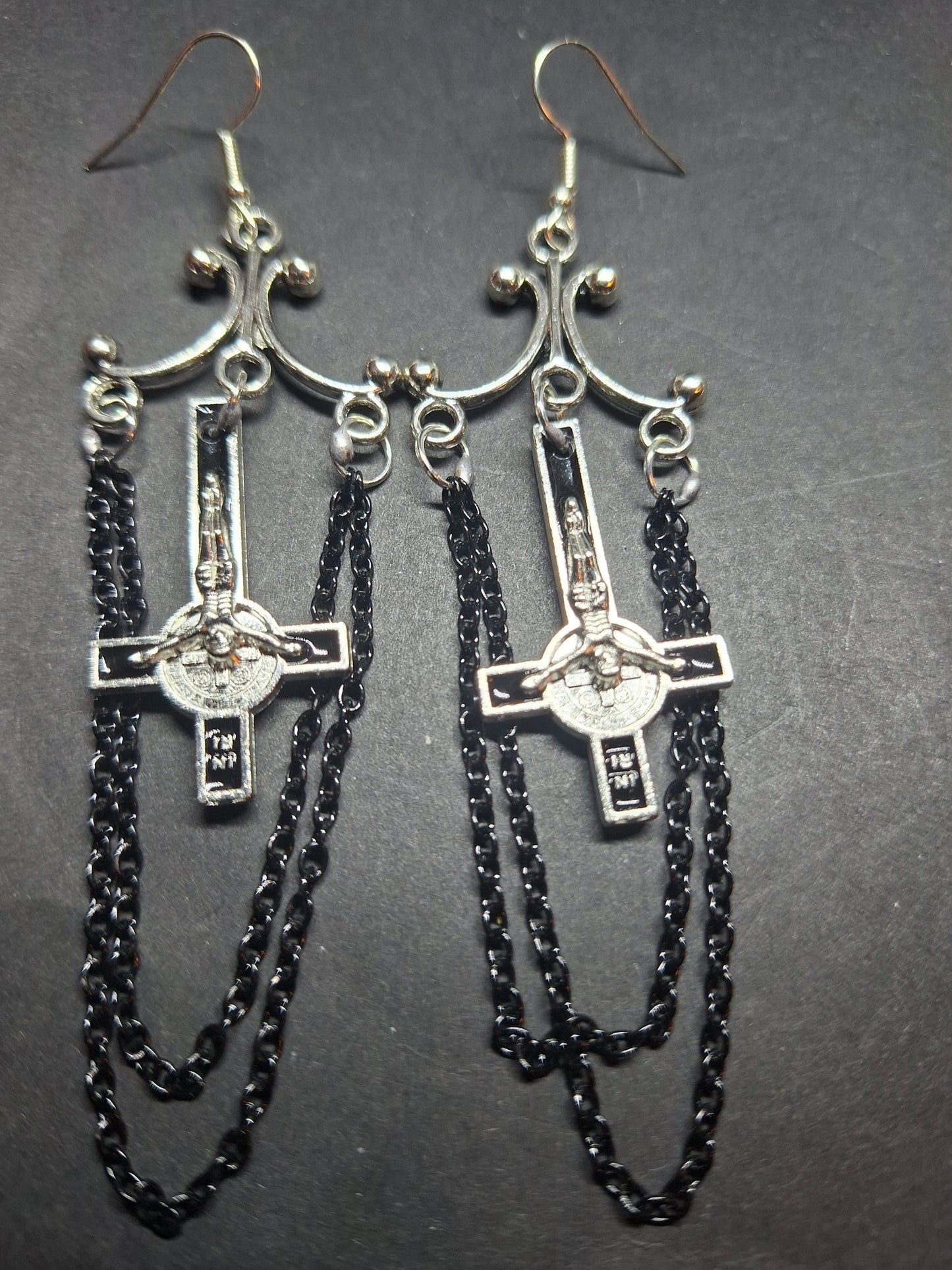 Oddity Curiosity Goth Gothic Witchy witchcraft occult satanic "Chandelier" inverted cross with chains  earrings
