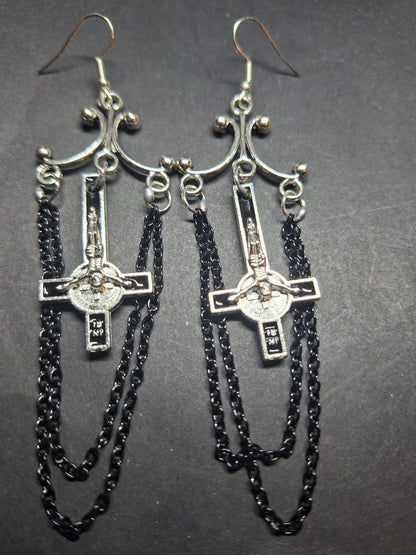 Oddity Curiosity Goth Gothic Witchy witchcraft occult satanic "Chandelier" inverted cross with chains  earrings
