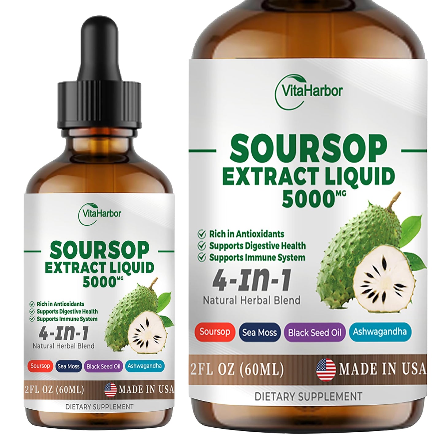 4-in-1 Soursop Bitters Liquid – Sea Moss, Black Seed Oil & Ashwagandha for Immune & Digestive Support (2 oz) | Sugar-Free, Non-GMO, Vegan