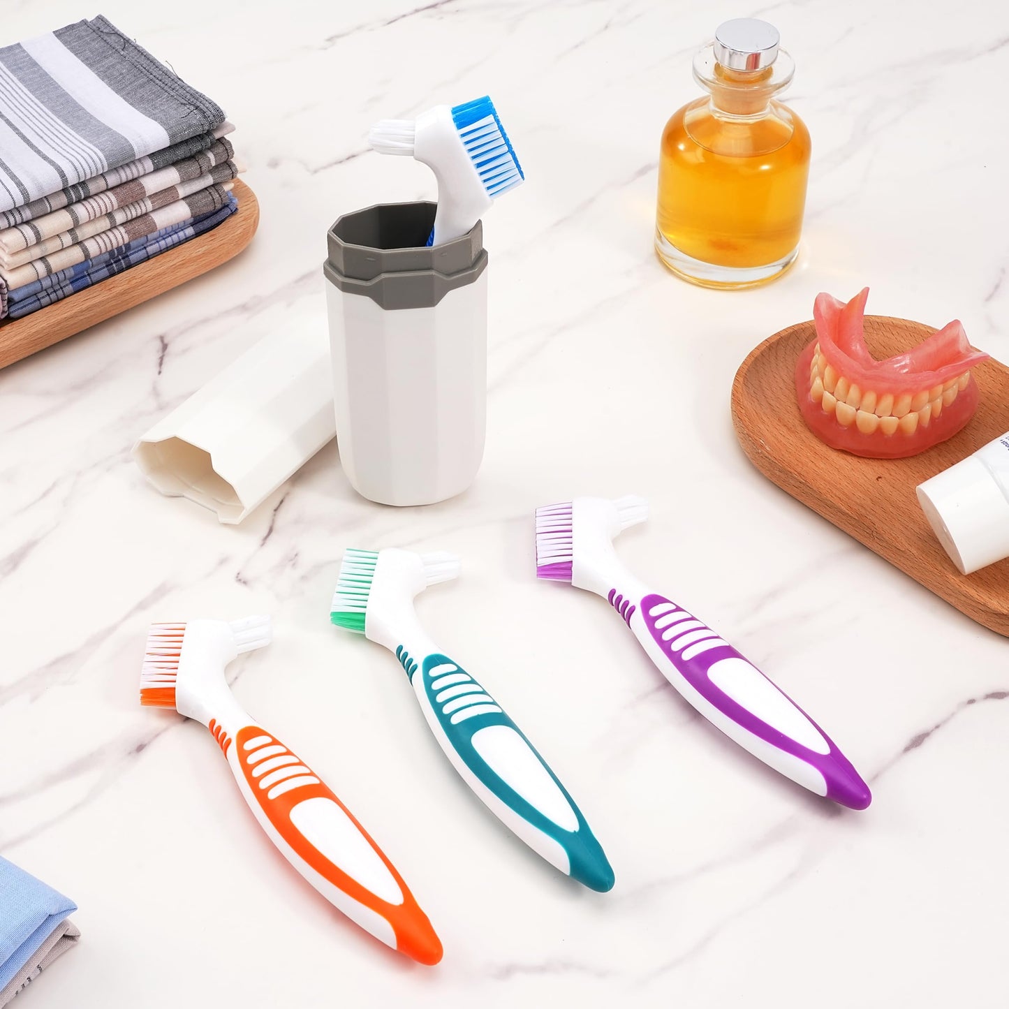 4 Pcs Denture Brush Set with White Carrying Case | Double-Sided, Multi-Layered Bristles, Anti-Slip Handle (4 Colors)