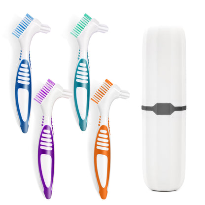 4 Pcs Denture Brush Set with White Carrying Case | Double-Sided, Multi-Layered Bristles, Anti-Slip Handle (4 Colors)