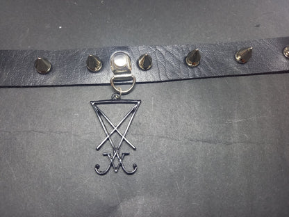 Goth Gothic Witchy fashion Occult satanic Pagan Wicca Black Faux Leather 10 spiked Collar with Black metal sigil of satan