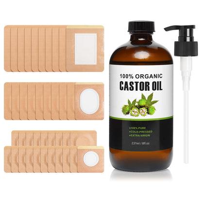 40 Pcs Castor Oil Pack Wrap – Self-Adhesive Patches + 8oz Organic Oil (237ml)