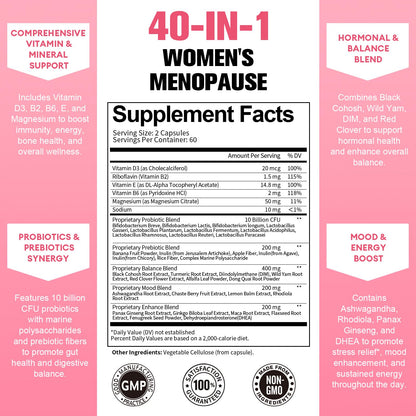 40-in-1 Menopause Supplements for Women – Multibenefit & Complete Black Cohosh, 120 Vegan Caps
