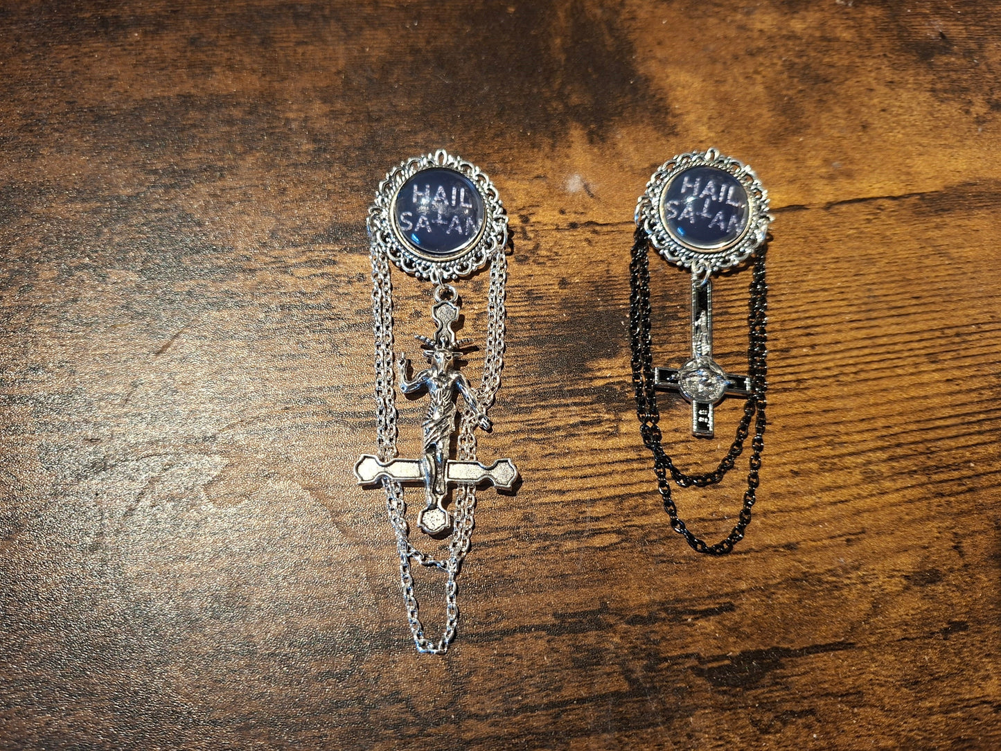 Ornate Satanic "Hail Satan" Brooch with chains and inverted cross :Occult goth witchy