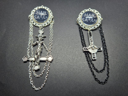 Ornate Satanic "Hail Satan" Brooch with chains and inverted cross :Occult goth witchy